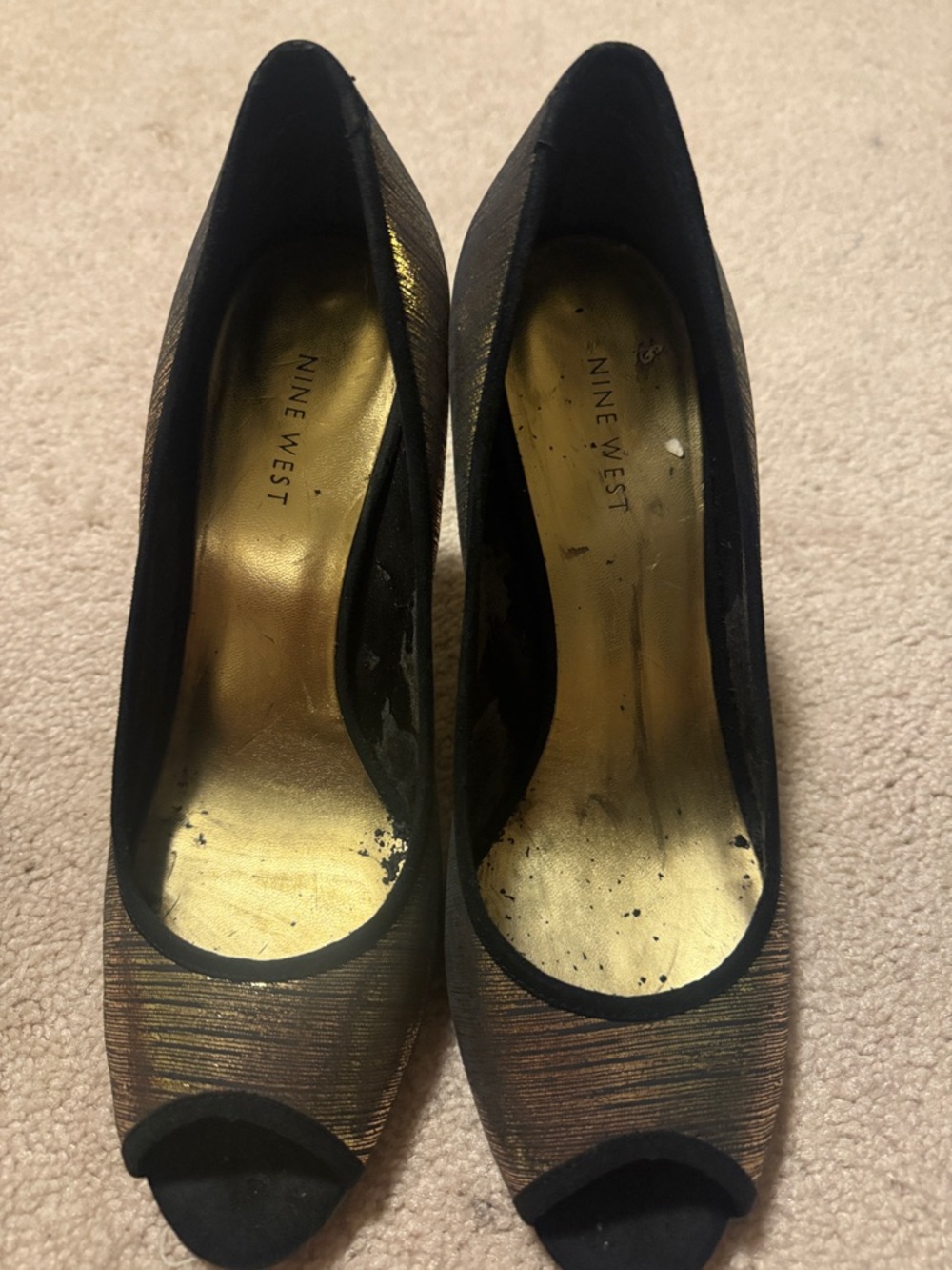 Nine West Peep Toe Heels Black Gold Textured Pumps Women’s